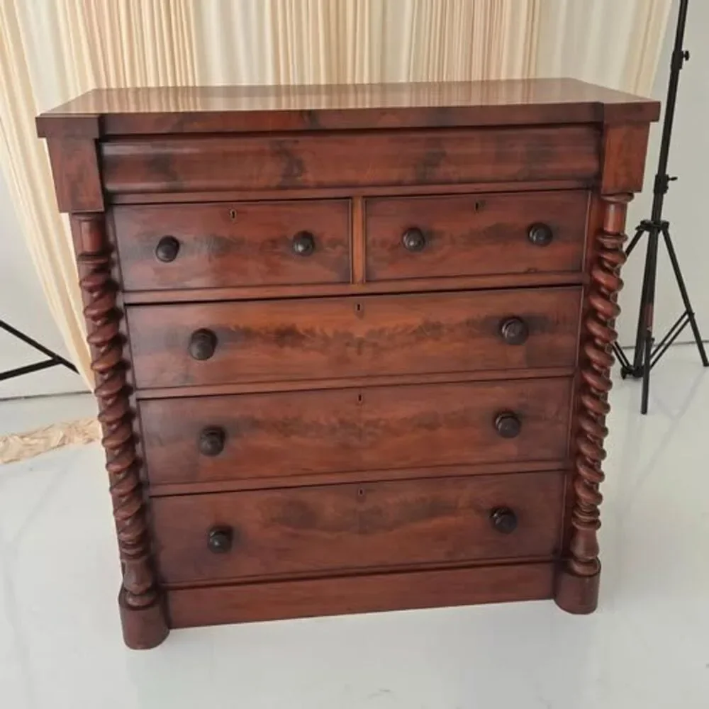 Antique Victorian Mahogany Chest of Drawers late 1800s With Barley Twist Columns